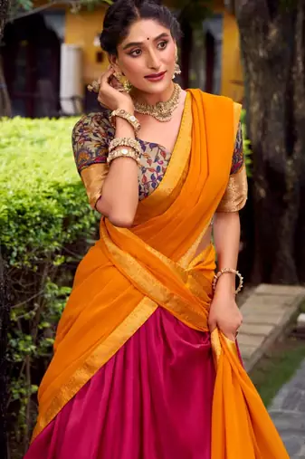 multicolor silk blend printed traditional lehenga choli with free size upto 42