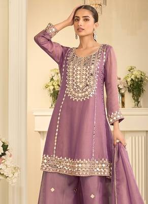 Mauve silk blend with hand work with real mirror kurta palazzo with dupatta 3