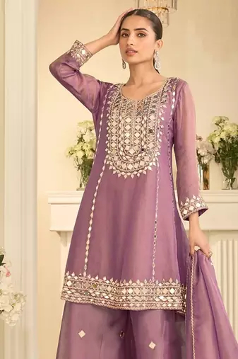 Mauve silk blend with hand work with real mirror kurta palazzo with dupatta