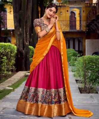 multicolor silk blend printed traditional lehenga choli with free size upto 42 3