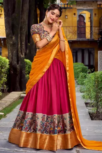 multicolor silk blend printed traditional lehenga choli with free size upto 42