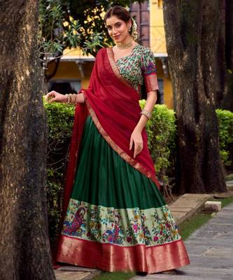 multicolor silk blend printed traditional lehenga choli with free size upto 42 1