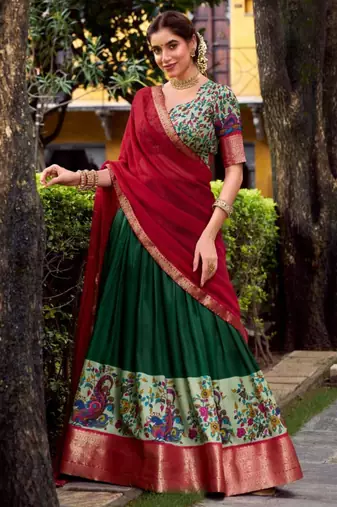 multicolor silk blend printed traditional lehenga choli with free size upto 42