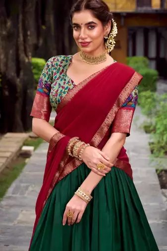 multicolor silk blend printed traditional lehenga choli with free size upto 42
