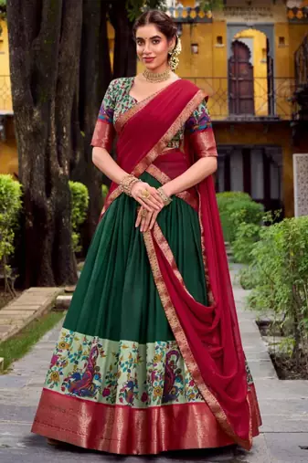 multicolor silk blend printed traditional lehenga choli with free size upto 42