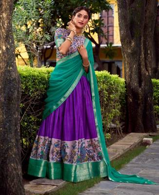 multicolor silk blend printed traditional lehenga choli with free size upto 42 1