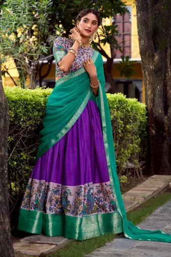 multicolor silk blend printed traditional lehenga choli with free size upto 42