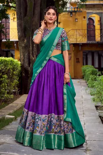 multicolor silk blend printed traditional lehenga choli with free size upto 42
