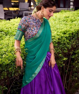 multicolor silk blend printed traditional lehenga choli with free size upto 42 3