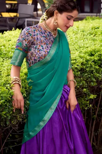 multicolor silk blend printed traditional lehenga choli with free size upto 42