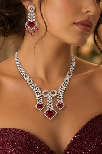 ruby red bridal jewellery set, cz diamond statement necklace, chandelier earrings, silver wedding jewellery