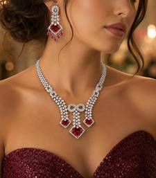 ruby red bridal jewellery set, cz diamond statement necklace, chandelier earrings, silver wedding jewellery