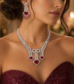 ruby red bridal jewellery set, cz diamond statement necklace, chandelier earrings, silver wedding jewellery