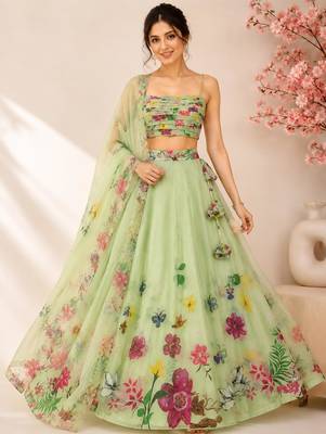 green organza printed traditional lehenga choli with free size upto 42 1