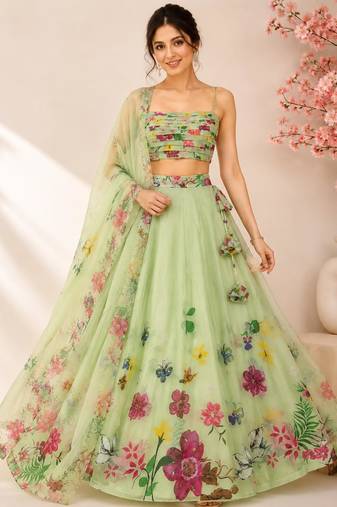 green organza printed traditional lehenga choli with free size upto 42