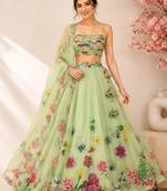 green organza printed traditional lehenga choli with free size upto 42