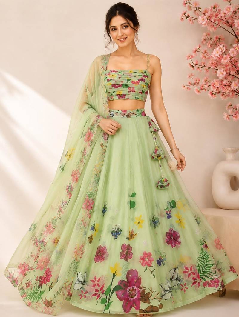 green organza printed traditional lehenga choli with free size upto 42