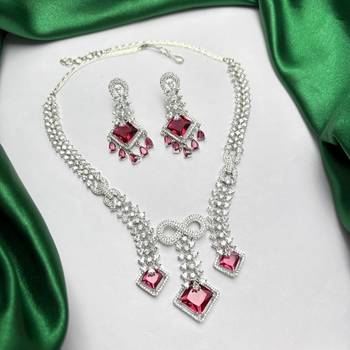 ruby red bridal jewellery set, cz diamond statement necklace, chandelier earrings, silver wedding jewellery 2