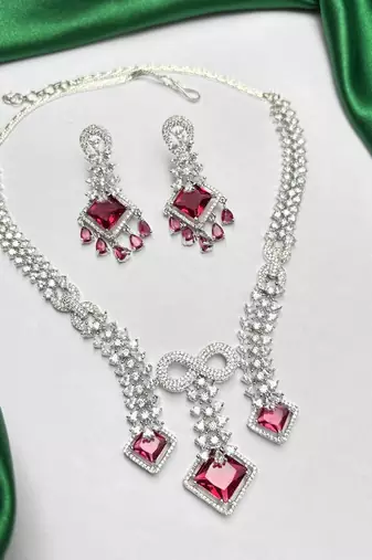 ruby red bridal jewellery set, cz diamond statement necklace, chandelier earrings, silver wedding jewellery