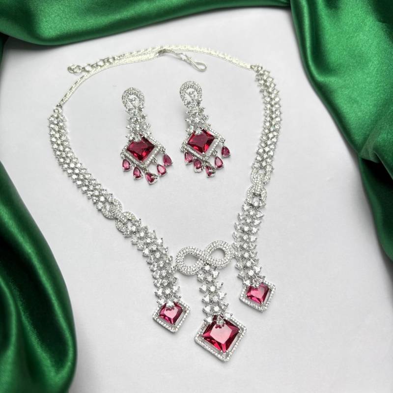 ruby red bridal jewellery set, cz diamond statement necklace, chandelier earrings, silver wedding jewellery