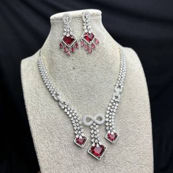 ruby red bridal jewellery set, cz diamond statement necklace, chandelier earrings, silver wedding jewellery 3