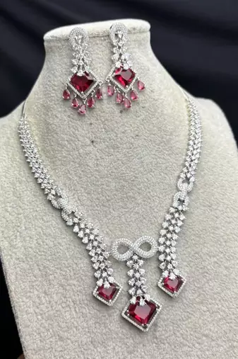 ruby red bridal jewellery set, cz diamond statement necklace, chandelier earrings, silver wedding jewellery