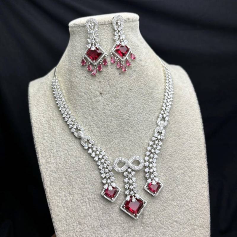 ruby red bridal jewellery set, cz diamond statement necklace, chandelier earrings, silver wedding jewellery