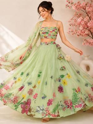 green organza printed traditional lehenga choli with free size upto 42 2