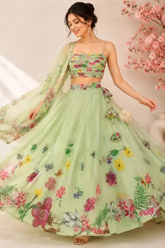 green organza printed traditional lehenga choli with free size upto 42