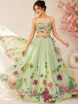 green organza printed traditional lehenga choli with free size upto 42 3