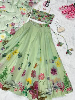 green organza printed traditional lehenga choli with free size upto 42 4