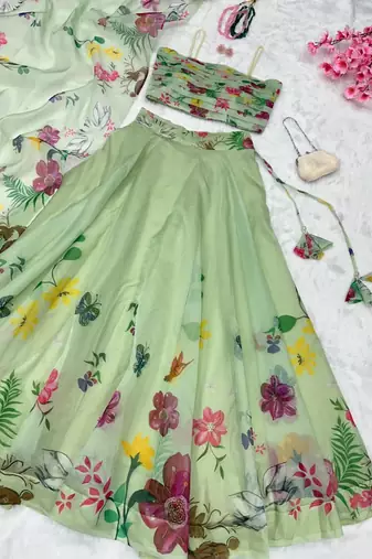 green organza printed traditional lehenga choli with free size upto 42
