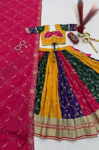 multicolor silk blend embroidered traditional lehenga choli with free size upto 42