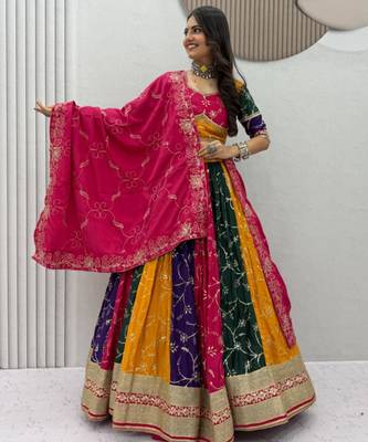multicolor silk blend embroidered traditional lehenga choli with free size upto 42 3