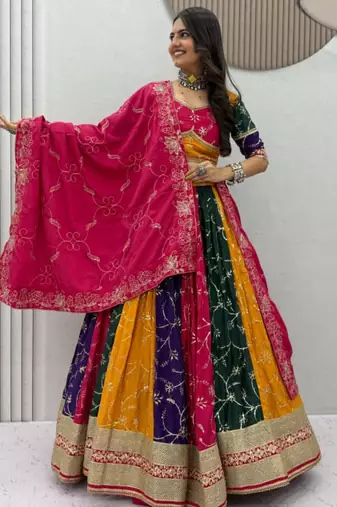 multicolor silk blend embroidered traditional lehenga choli with free size upto 42