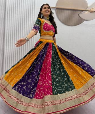 multicolor silk blend embroidered traditional lehenga choli with free size upto 42 4