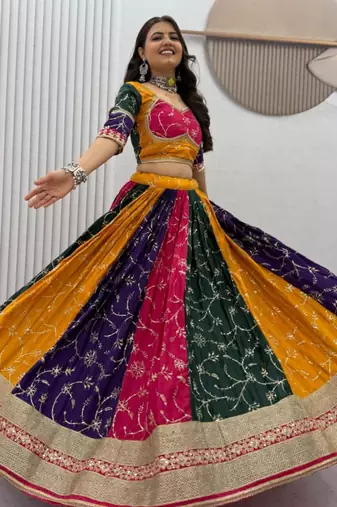 multicolor silk blend embroidered traditional lehenga choli with free size upto 42
