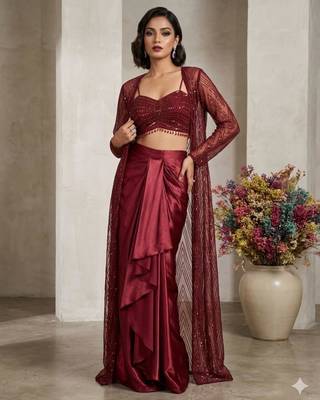 maroon satin embroidered traditional lehenga choli with free size upto 42 1