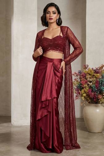 maroon satin embroidered traditional lehenga choli with free size upto 42