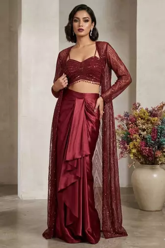 maroon satin embroidered traditional lehenga choli with free size upto 42