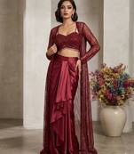 maroon satin embroidered traditional lehenga choli with free size upto 42