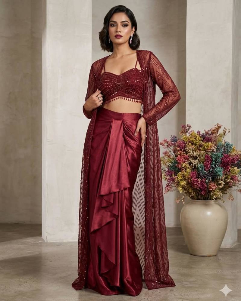 maroon satin embroidered traditional lehenga choli with free size upto 42