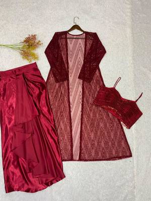 maroon satin embroidered traditional lehenga choli with free size upto 42 2