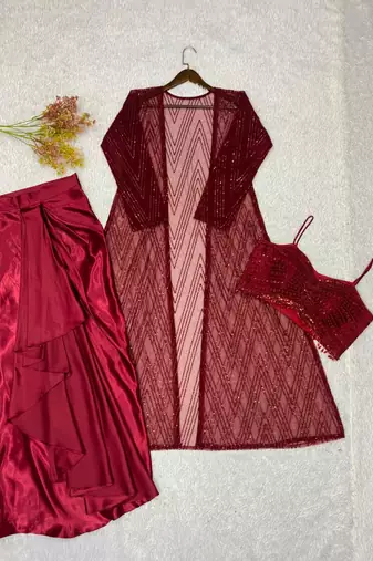 maroon satin embroidered traditional lehenga choli with free size upto 42