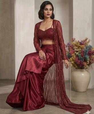 maroon satin embroidered traditional lehenga choli with free size upto 42 3