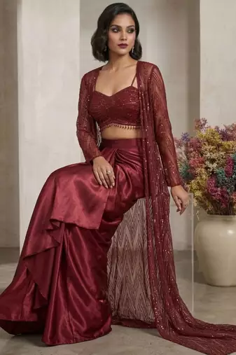 maroon satin embroidered traditional lehenga choli with free size upto 42