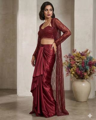 maroon satin embroidered traditional lehenga choli with free size upto 42 4