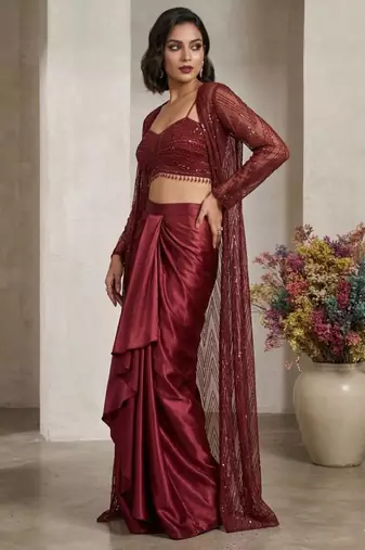 maroon satin embroidered traditional lehenga choli with free size upto 42