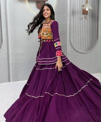 purple cotton silk embroidered traditional lehenga choli with free size upto 42 1