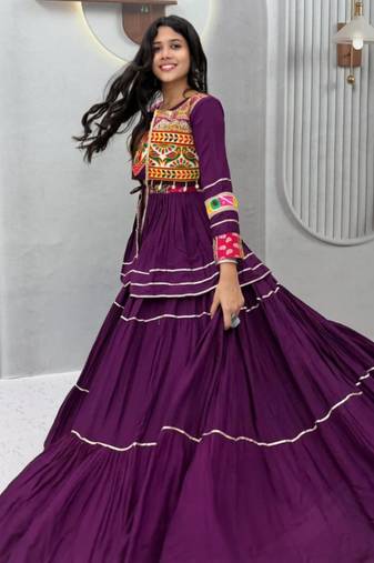 purple cotton silk embroidered traditional lehenga choli with free size upto 42